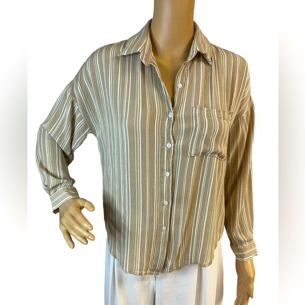 MOD on trend khaki and white striped long sleeve button down crop top, size S